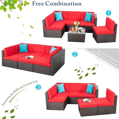 Vongrasig 6 Piece Patio Furniture Set, Small Outdoor Sectional Couch, Red