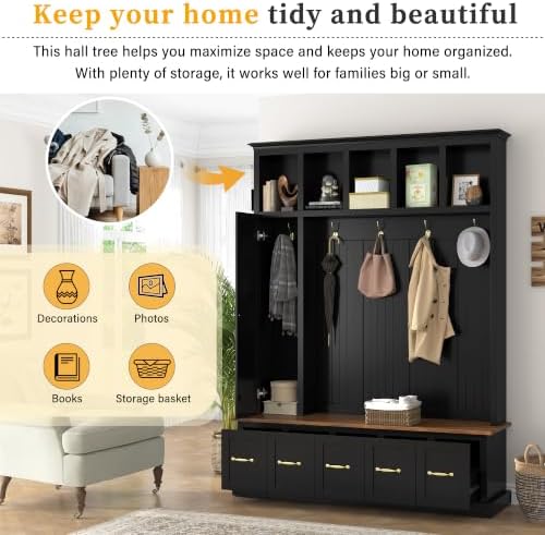 RuiSiSi Hall Tree with Bench and Shoe Storage, 5-in-1 Entryway Coat Rack with Drawer and Storage Cabinet, Antique Black