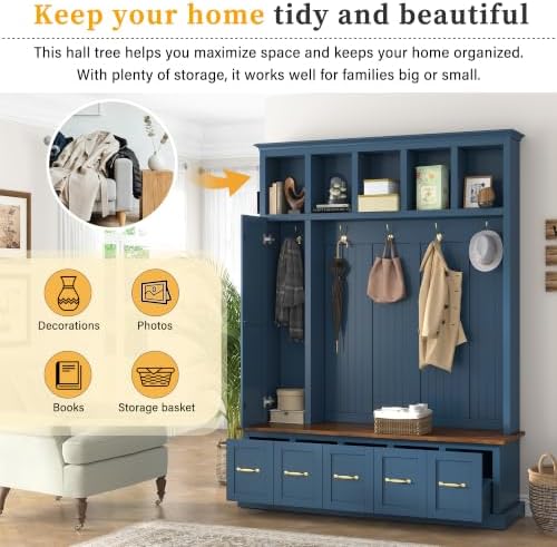 RuiSiSi Entryway Storage Organizer with Top Cabinet, Hooks and Shoe Bench, Navy Blue