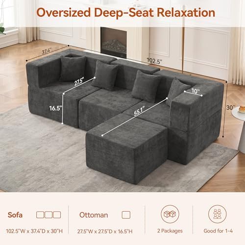 MONVANE 103'' Modular Sectional Sofa, Comfy Chenille Cloud Couch with Ottoman, Modern Convertible L Shaped Couch with Deep Seat, Sectional Couches for Living Room, No Assembly Required, Grey
