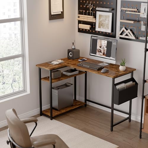 Pamray 40 Inch L Shaped Computer Desk with Reversible Side Storage Shelves, Small Corner Desk for Small Space Home Office, Writing Study Table PC Desk for Bedroom, Vintage