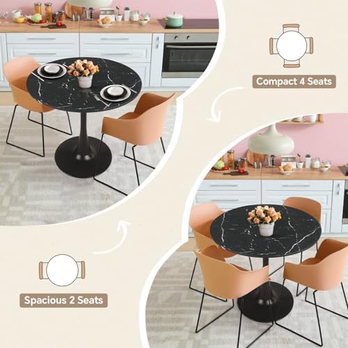 27.5" Tulip Round Dining Table with Metal Pedestal Marble Bk