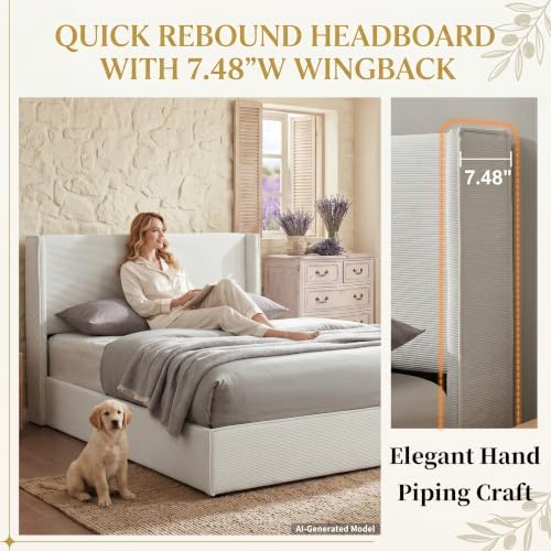 Queen Lift Up Storage Bed, Corduroy Platform Bed with Headboard, Cream