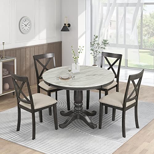 Harper & Bright Designs 5-Piece [Round] [Dining] [Table] and Chair Set, with Cushion Chairs for Family [Dining] Area, Wood