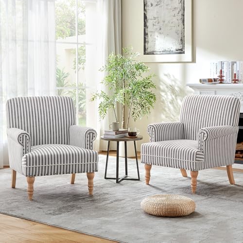 HUIMO Linen Fabric Accent Chair, Mid-Century Modern Upholstered Armchair with Solid Wood Legs, Comfy Reading Club Chair for Living Room Bedroom (2, Dark Grey and White Stripe)