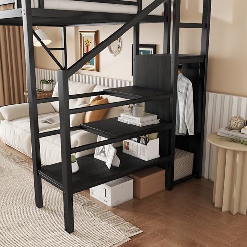 KEIKI Twin Size Metal Loft Bed Frame with Convertible Staircase, Built-in Storage Shelves & Wardrobe, Loft Bed with Solid Slats & Guardrail, No Box Spring Required, Easy Assembly, for Bedroom, Black