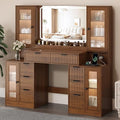 55" Vanity Desk with Mirror & Lights, Fluted Makeup Vanity with 8 Drawers & 4 Cabinets, Tempered Glass Top, RGB Cabinet Lighting, 3-Color Dimmable Mirror, and Charging Station