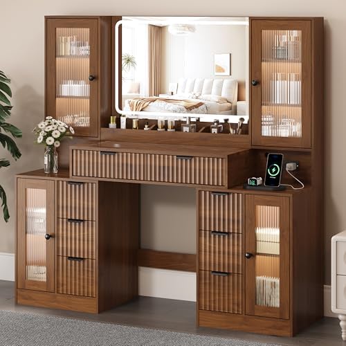 55" Vanity Desk with Mirror & Lights, Fluted Makeup Vanity with 8 Drawers & 4 Cabinets, Tempered Glass Top, RGB Cabinet Lighting, 3-Color Dimmable Mirror, and Charging Station