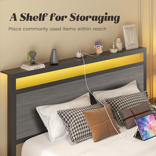 Fluest Full Bed Frame with Headboard & Footboard, Full Bed Frame with Built-in Charging Station & LED Light, Storage Shelf, Noise-Free, No Box Spring Needed, Easy Assembly, Rustic Grey