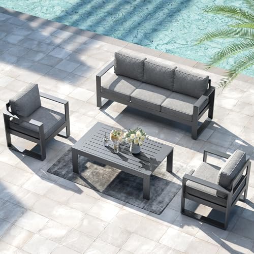 LayinSun Outdoor Patio Aluminum Sofa, Metal Modern 3-Seat Couch with Washable Thick Cushions