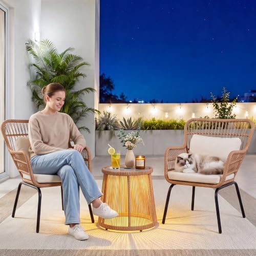 3 Piece Outdoor Wicker Furniture Bistro Set, Rattan Chairs Conversation Sets with Solar Light, Wicker Patio Furniture for Balcony Poolside Backyard, Beige