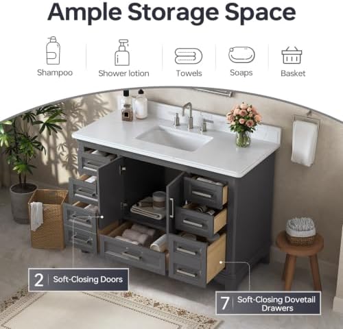 48 Inch Fully Assembled Bathroom Vanity with Sink, Grey | Modern Solid Wood Freestanding Bathroom Vanity Set, Quartz Top & Backsplash, Soft-Close Doors, Dovetail Drawers, Bath Upgrade