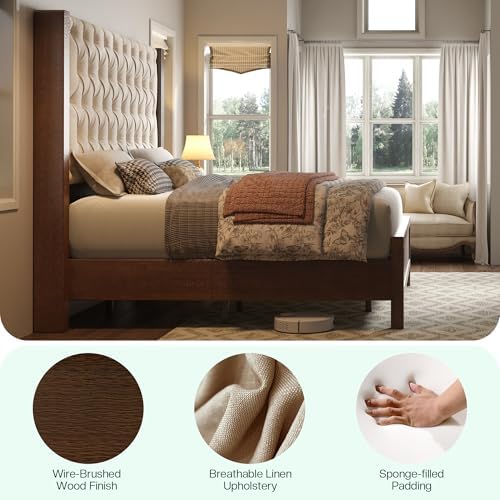 Jocisland King Size Solid Wood Bed Frame,57" Wingback Headboard,Walnut