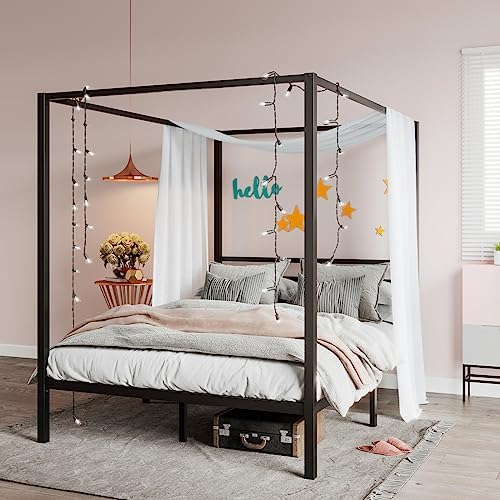 SHA CERLIN Queen Size Canopy Bed Frame with Heavy Duty Metal Slats, Black