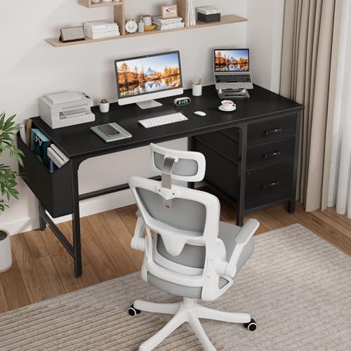 Lufeiya Computer Desk with Fabric File Drawers Cabinet, 55 Inch Reversible Home Office Desks with Filing Cabinet, Study Writing Table PC Desks with Storage for Bedroom, Black