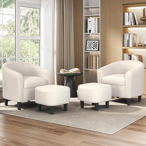 Yaheetech Accent Chairs with Ottoman Set of 2, Boucle Fabric, Ivory