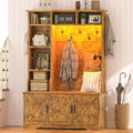CSZZD Hall Tree with Bench and Shoe Storage, Farmhouse Entryway Bench with Coat Racks and Led Lights, Tall Hall Tree with 7 Coat Hooks, 6 Storage Cubbies, Adjustable Shelf, Rustic