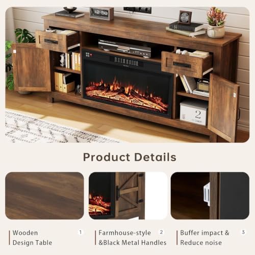 Fireplace TV Stand with Barn Door, 70 inch, Walnut