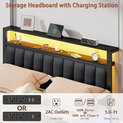 Furnulem Queen Size Bed Frame with Charging Station and LED Lights