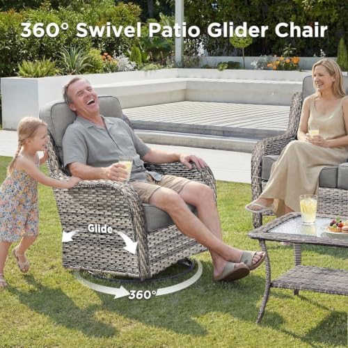 Luxury Patio Furniture Set with Fire Pit Table-4 Pieces High Back Wicker Swivel Rocker Chairs with 6" Extra Thick Cushions, Outdoor Patio Conversation Sets for Deck Garden(Grey/Grey)