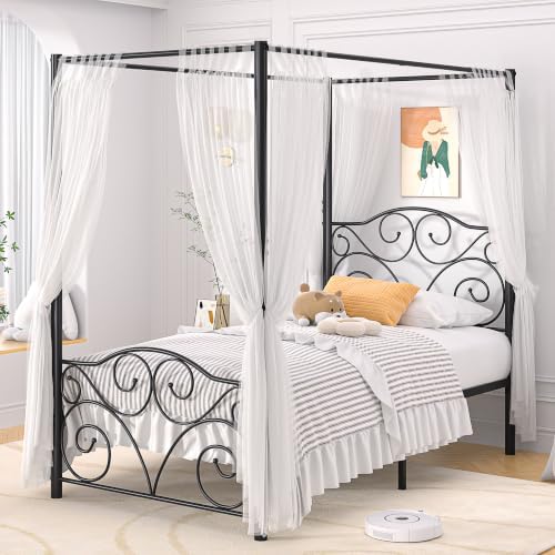 VECELO Metal Canopy Bed Frame Twin Size, 4 Posters Platform Mattress Foundation with Headboard, Heavy Duty Steel Slats Support, No Box Spring Needed, Black