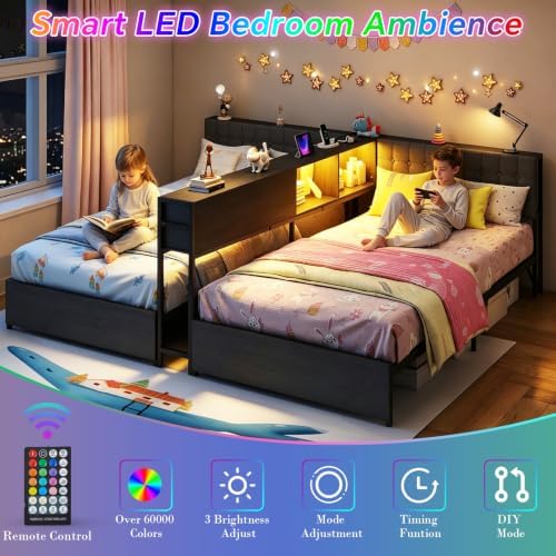 Twin Size Bed Frame for 2 Kids with Storage Bookcase Divider and LED Lights