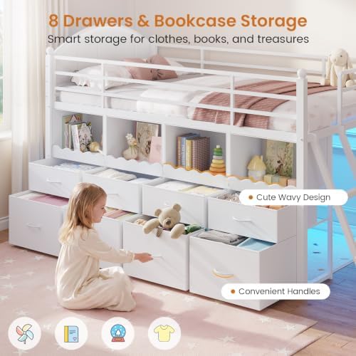 DICTAC Low Loft Bed Twin Size with 8 Drawers, 4 Bookcase & LED Lights,White