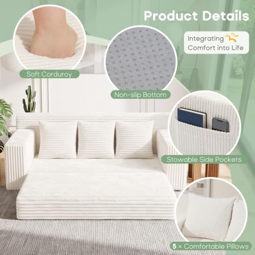 Boneless Couch for Living Room, 3 Seater Convertible Sofa Bed in Box, Beige