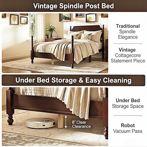 Vintage Wood Full Bed Frame, Traditional Spindle Platform with Tall Headboard, Dark Walnut Antique Style 4-Poster Design, Under Bed Storage, No Box Spring Needed
