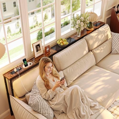 Huuger Narrow Console Table with Power Outlets & USB-C, Rustic Brown