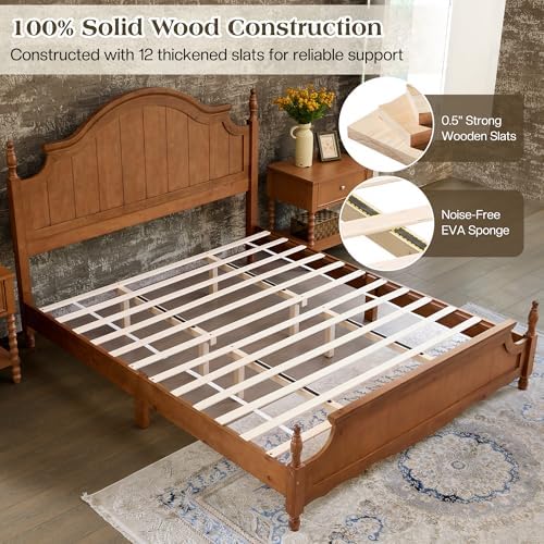 LUXOAK King Size Solid Wood Poster Bed, 55" Arched Headboard, Caramel