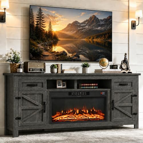 Fireplace TV Stand with Barn Door, 80 inch, Grey