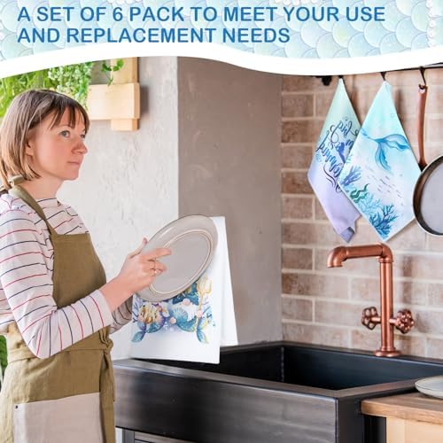 Redbaker 6 Pcs Mermaid Kitchen Towels, Ocean Blue Dish Towels Decor