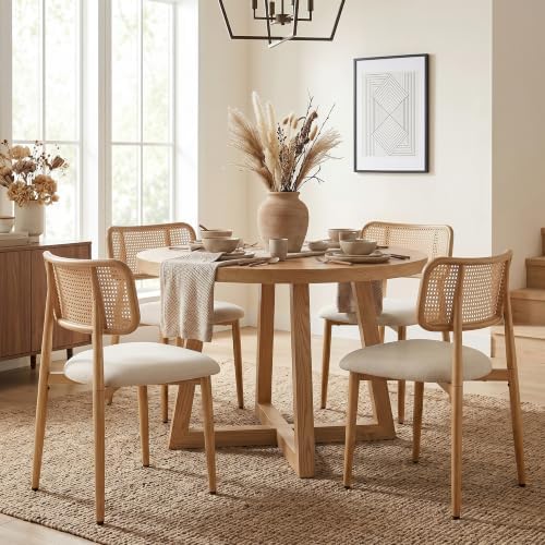 UVV Dining Chairs Set of 2, Metal Kitchen Chairs with Modern Fabric Upholstered for Dining Room, Beige Rattan
