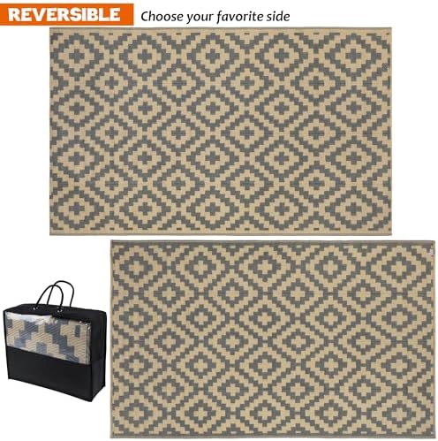 SAND MINE Reversible Mats, Plastic Straw Rug, Modern Area Rug, Large Floor Mat and Rug for Outdoors, RV, Patio, Backyard, Deck, Picnic, Beach, Trailer, Camping, Grey & Tan, 5' x 8'