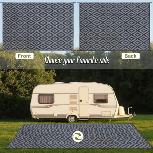SAND MINE Waterproof Outdoor Rug, Plastic Reversible Rug, Modern Area Rug, Large Floor Mat for Outdoors, RV, Patio, Backyard, Deck, Picnic, Beach, Camping (10' x 14', Black Grey Lattice)