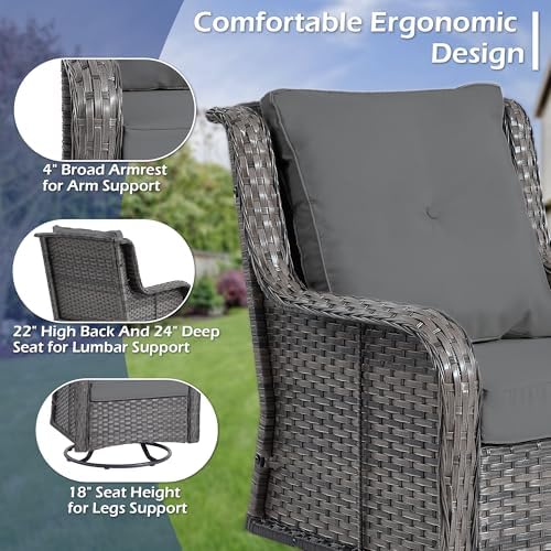 Wumiokio Patio Furniture Sets, 3 Pieces Wicker Outdoor Furniture - 360 Degree Swivel Rocking Chairs and Rattan Side Table for Garden,Porch,Backyard (Grey Wicker/Grey Cushion, 3PCS - Swivel Chairs)