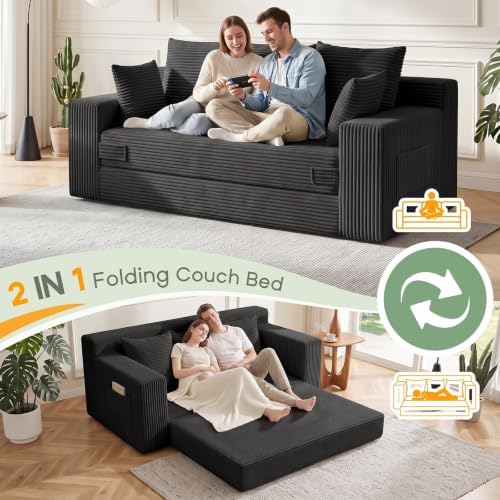 Boneless Couch for Living Room, 3 Seater Convertible Sofa Bed in A Box, Folding Pull Out Couch with Comfy Corduroy, Loveseat Sleeper Floor Sofa with 5 Pillows, No Assembly Required, Black