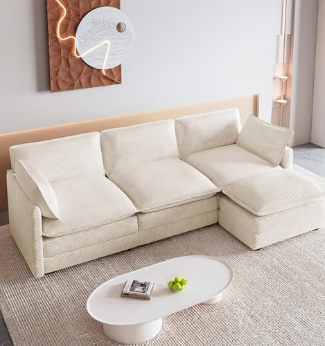 ROWHY 112'' Modular Sectional Cloud Couch with Movable Ottoman, 4 Seat Modern Corduroy Sofa, Deep Seat L Shaped Couch for Living Room Bedroom Apartment, Cream