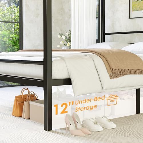 Lutown-Teen Canopy Bed Frame Queen, Four Poster Metal Frame, Black