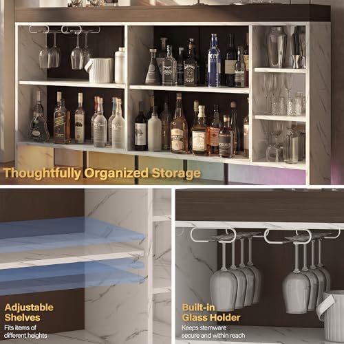 62" Sliding Top Expandable Bar Table with LED Lights, Counter Height Home Bar Cabinet with Shelves & Storage, Marble Finish Modern Bar Island for Kitchen, Living Room, Basement