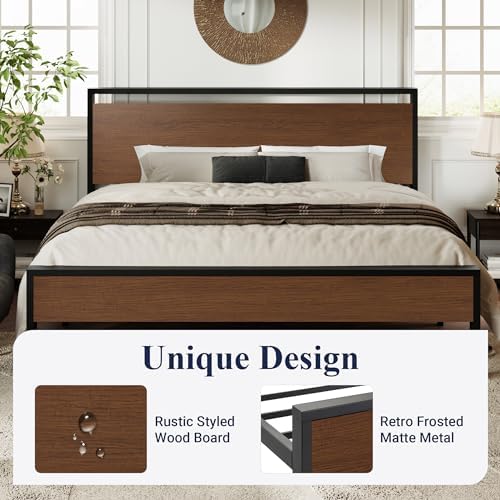 Allewie King Size Bed Frame, Heavy Duty 12 Metal Slats Support, Walnut