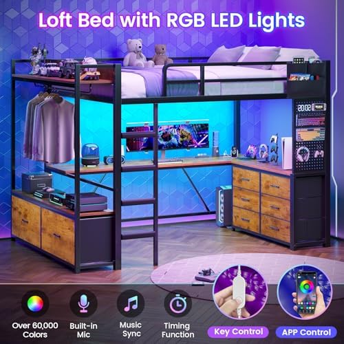 Itaar Twin Loft Bed with L-Shaped Desk & 8 Storage Drawers, Metal Kids Twin Loft Bed with Led Lights, Charging Station, Hall Tree, Safety Guard & Ladder, No Box Spring Needed, Rustic Brown