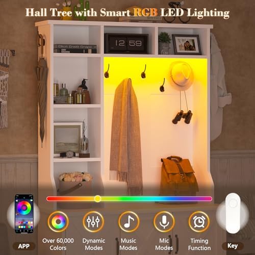White Hall Tree with Bench and Shoe Storage, Entryway Bench with Storage