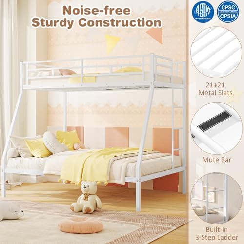 Giantex Metal Bunk Beds Twin Over Full Size, Heavy Duty Loft Bunk Bed with Ladder & Guardrail, Space Saving Bunk Bed for Dorm Apartment, Teens & Adults, Noise-Free, No Box Spring Needed, White