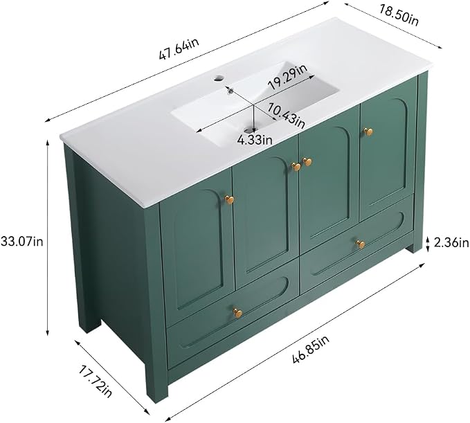 LUMISOL 48" Bathroom Vanity with Sink, Modern Single Sink Bathroom Vanity with 4 Doors & 2 Drawers, Freestanding Bathroom Storage Cabinet with Ceramic Basin, Solid Wood Frame, Green