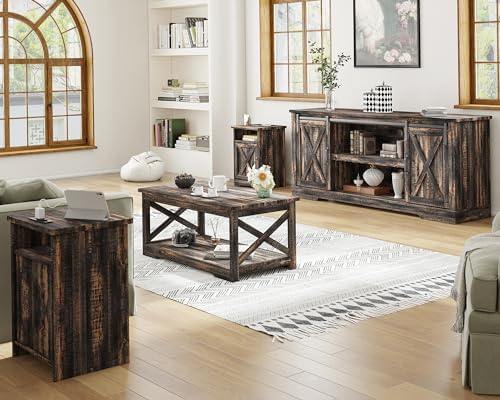 AMERLIFE 4 Piece Farmhouse Table Set with 66" TV Stand, Dark Oak