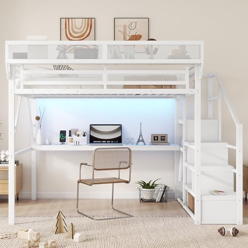 KEIKI Queen Size Metal Loft Bed Frame with Desk, Staircase, Built-in Storage Shelves and Wardrobe, Modern Loft Bed with Solid Slat, Guardrail, No Box Spring Required, Easy Assembly, for Bedroom, White