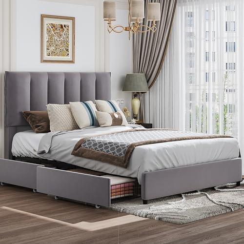 VECELO Full Size Bed Frame with 4 Storage Drawers, Adjustable Height Headboard, Heavy-Duty Platform Bedframe with Strong Wooden Slats, No Box Spring Needed, Dark Grey