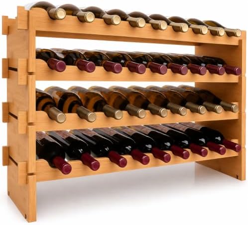 NutriChef 36 Bottle Wine Rack Stackable Bamboo Freestanding, 4-Tier Modular Shelf, Sturdy Wobble Free, Upgraded 2026 Design, Easy No-Tool Assembly for Kitchen, Cellar or Bar Storage 33.5" x 10" x 21"